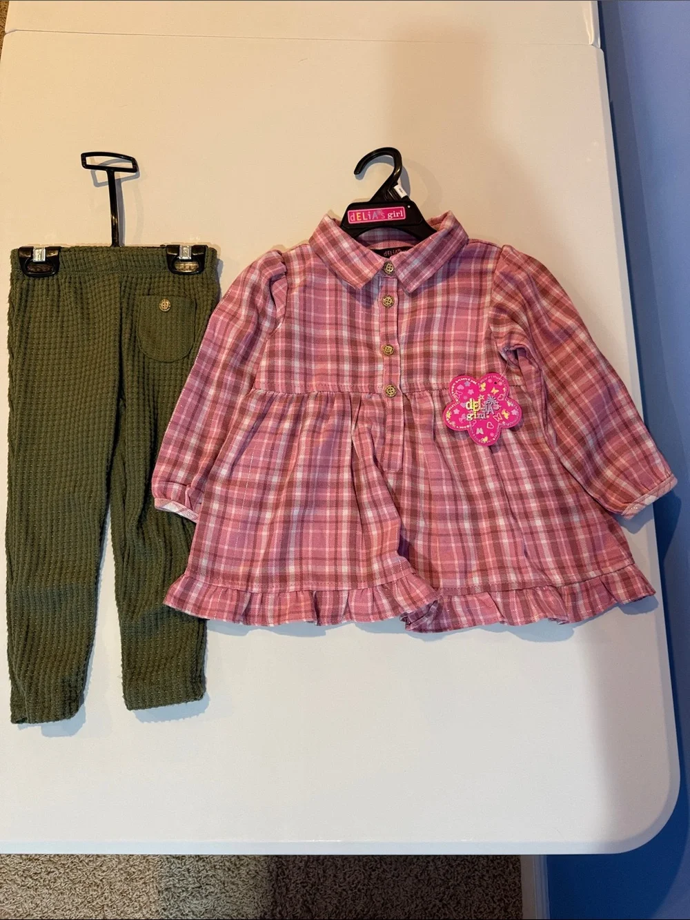 DELIA*s Girl Pink Plaid Button-Up Dress Top Olive Knit Leggings 3T NWT NEW Y2K